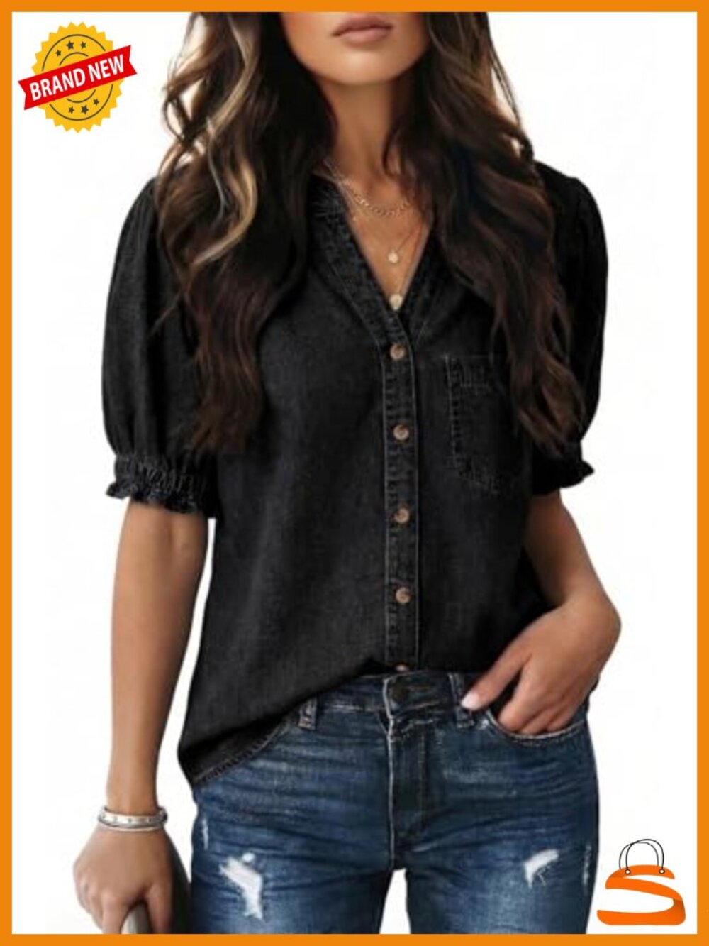 Women's Short Sleeve Denim Button Down Shirt V-Neck Blouse